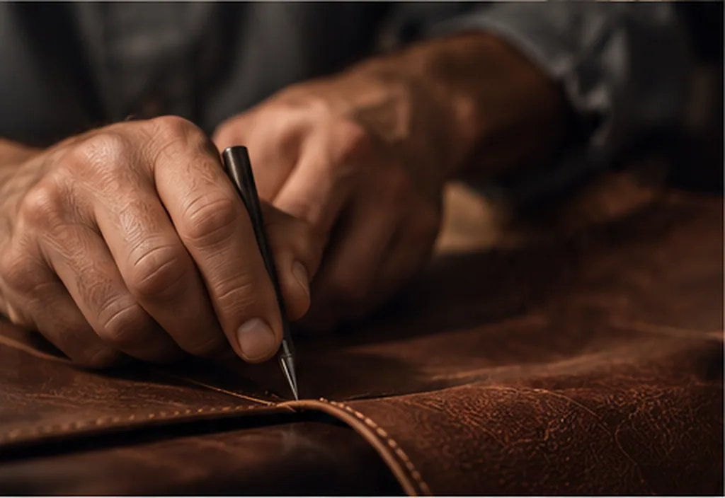 An artisan's hands scoring a line along the seam of a brown leather panel