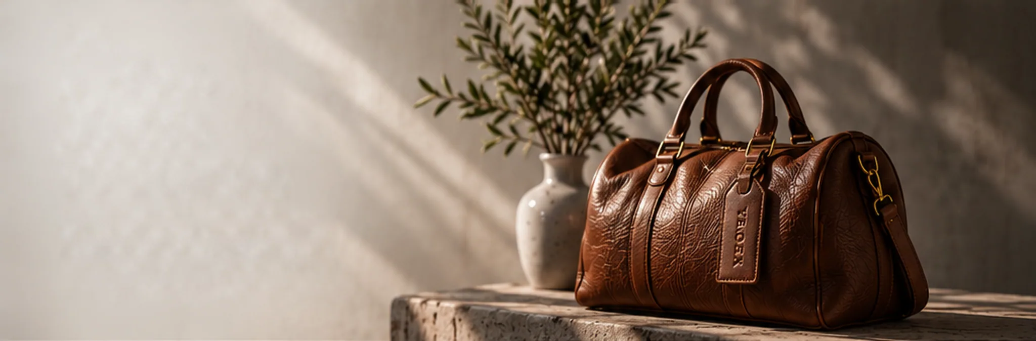A tan leather duffel on a stone ledge beside a white vase of olive branches, in low afternoon light