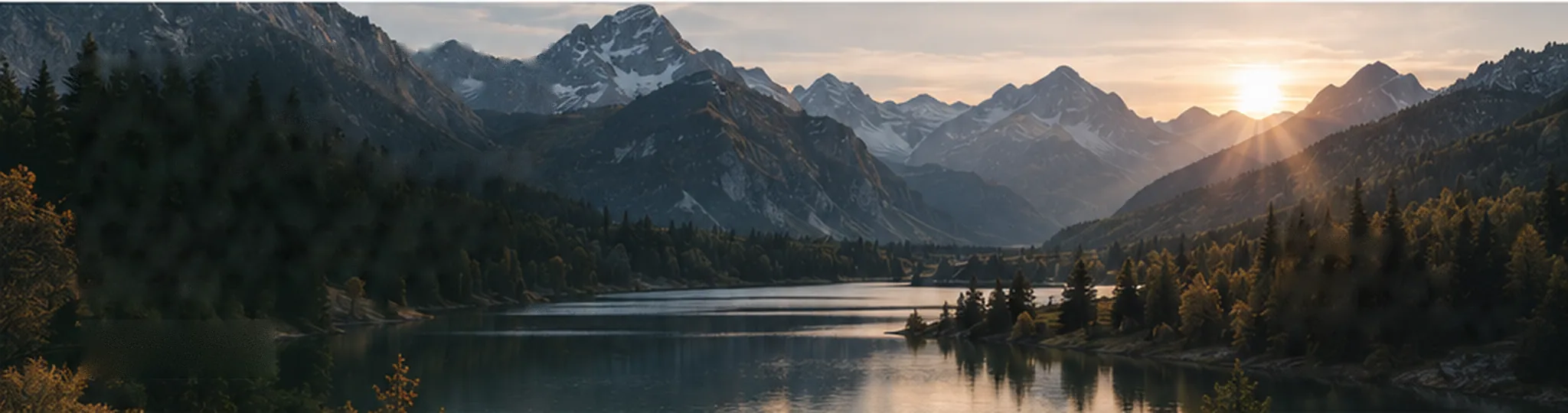 A mountain lake at sunset, ringed by pine forest