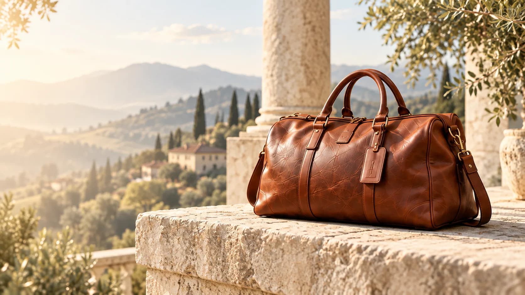 A tan leather weekender on a stone ledge above a sunlit valley