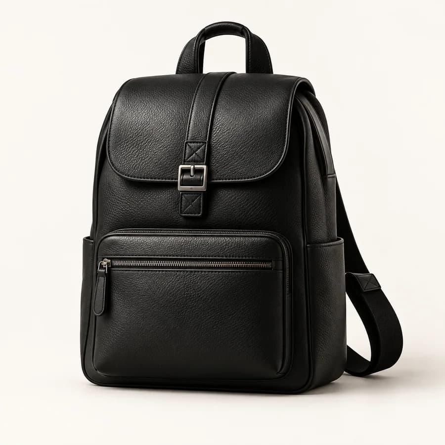 Black leather backpack with a buckled flap and front zip pocket