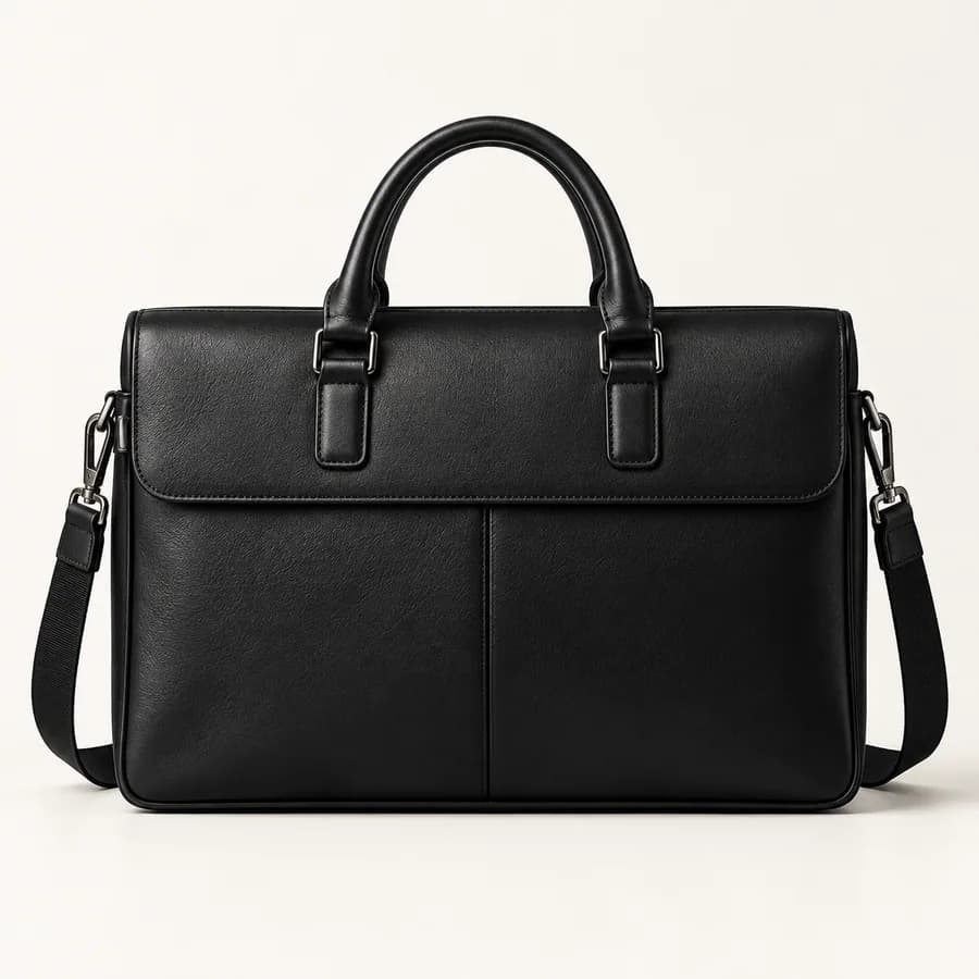 Black leather briefcase with twin handles and a shoulder strap