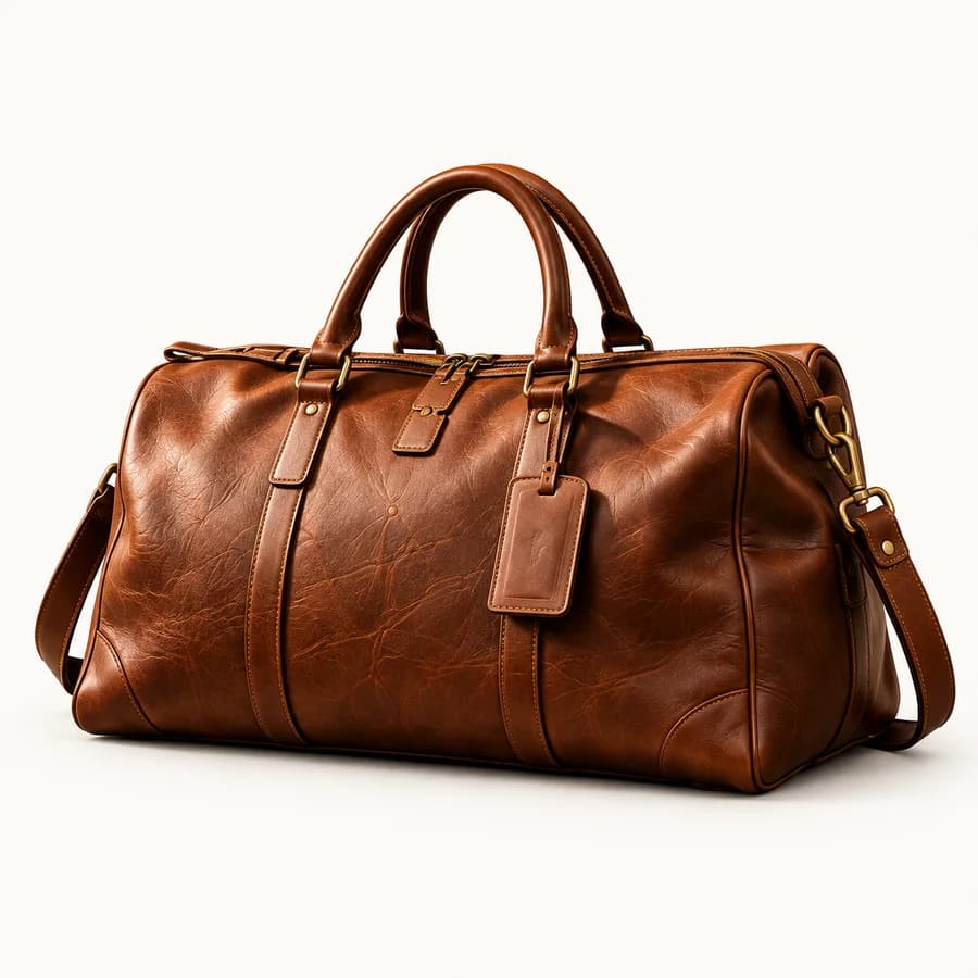 Tan leather duffel with rolled handles and a luggage tag