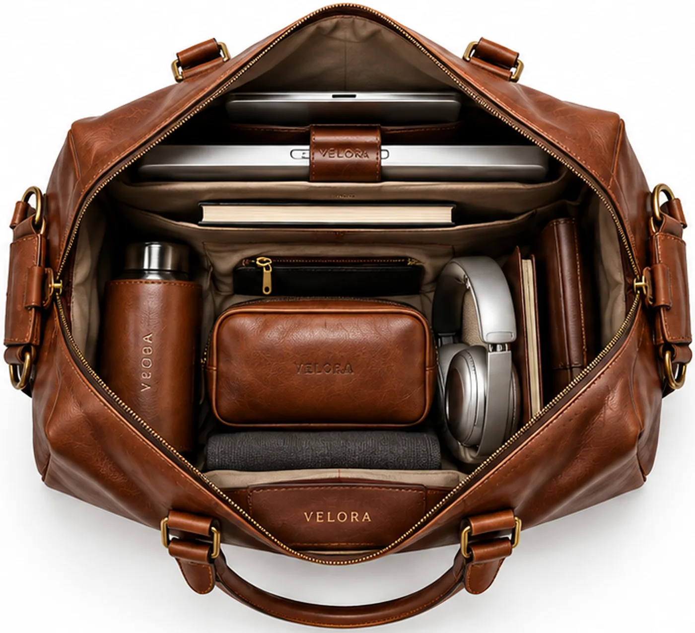 An open Brevorn weekender packed with a laptop, notebook, flask, washbag, headphones and folded knitwear