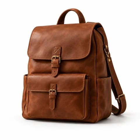 Tan leather backpack with a buckled flap