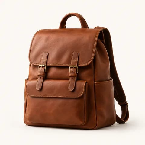 Tan leather backpack with a buckled flap