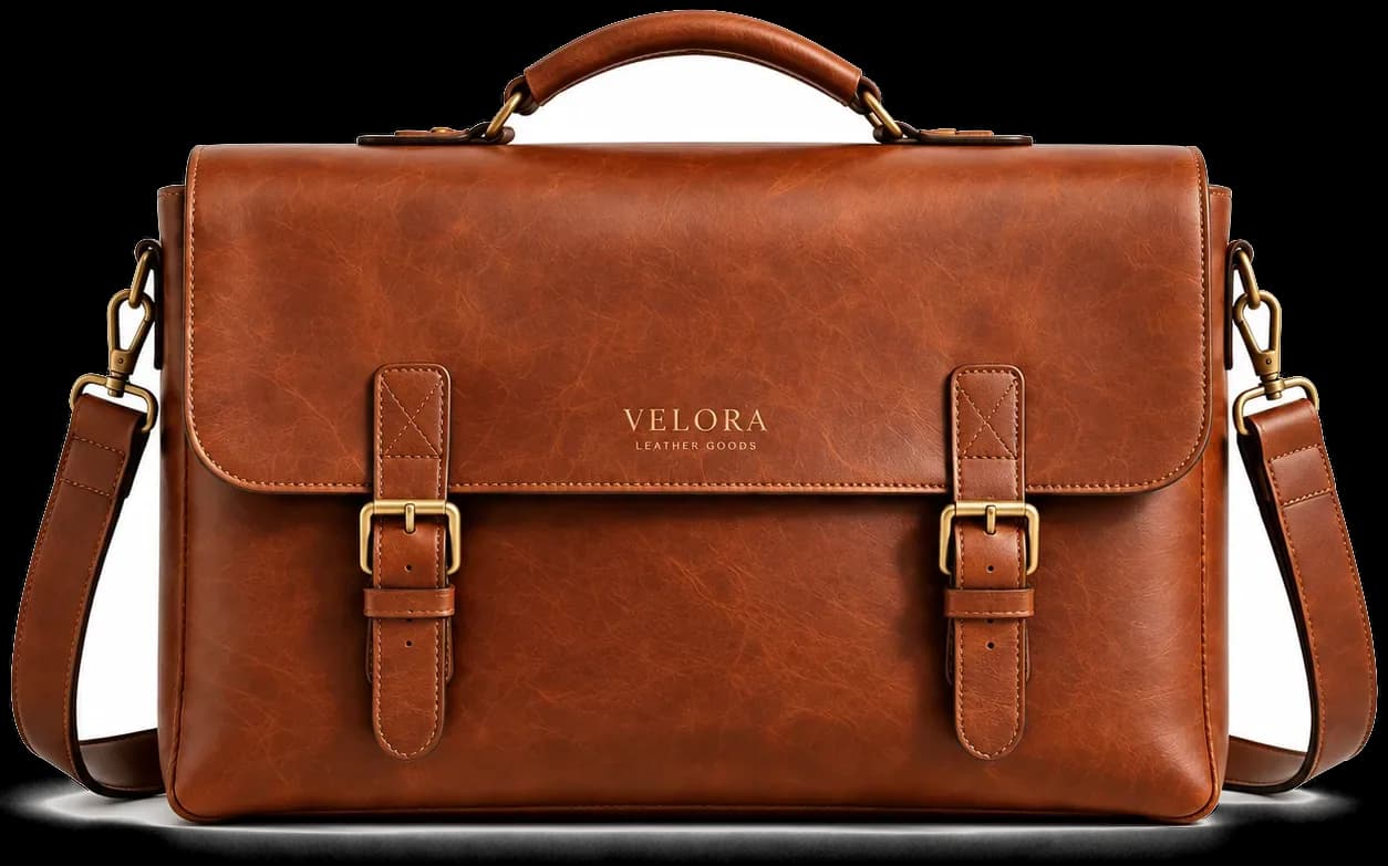 Tan leather Brevorn executive briefcase with a shoulder strap