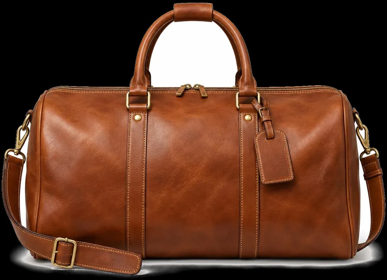 Tan leather Brevorn weekender duffel with a luggage tag