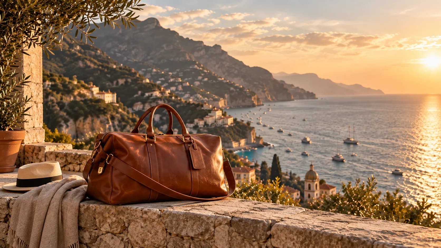 A tan leather weekender bag resting on a stone wall above a sunlit coastline