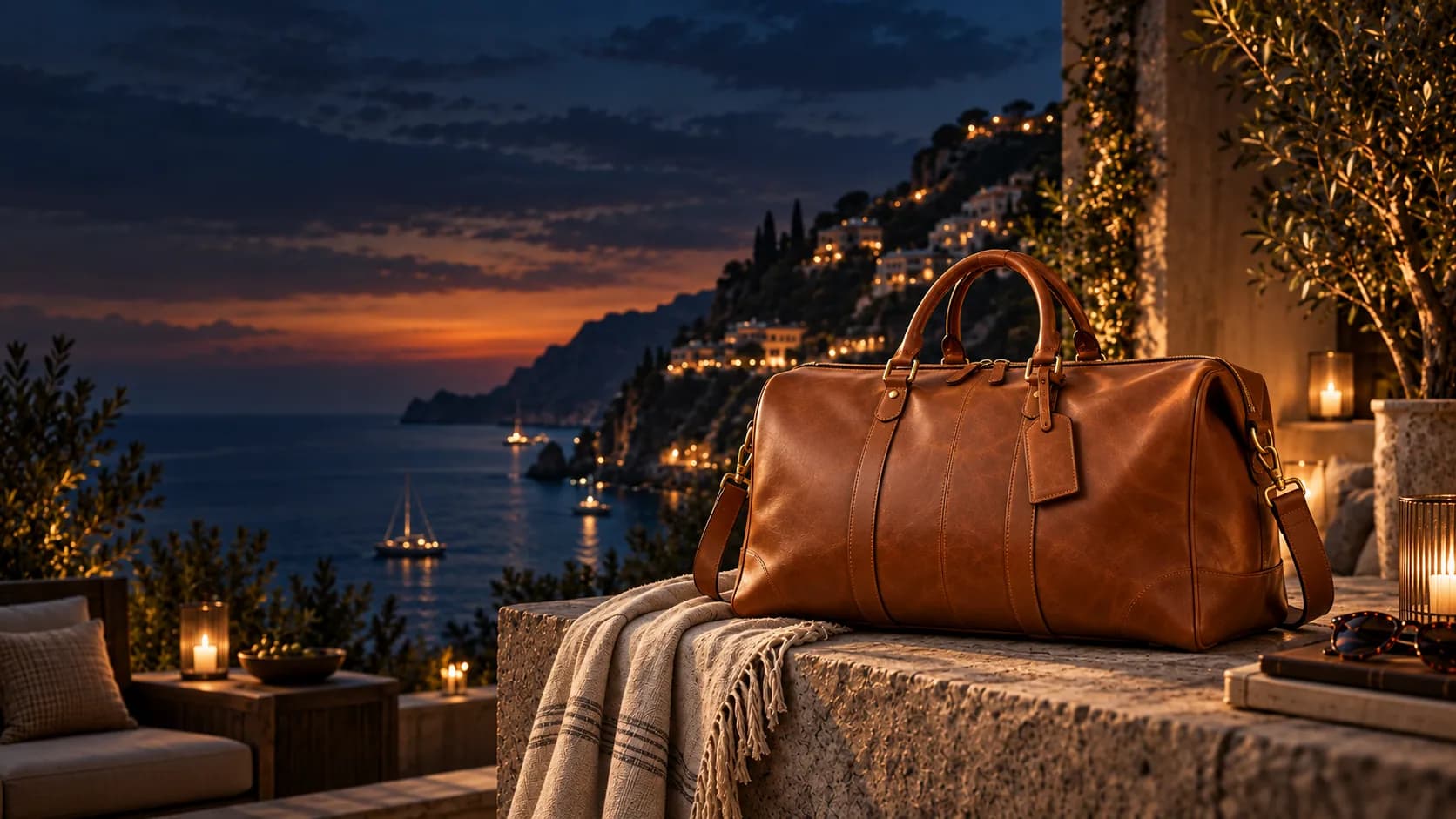 A tan leather weekender on a stone terrace above a lit coastline at dusk
