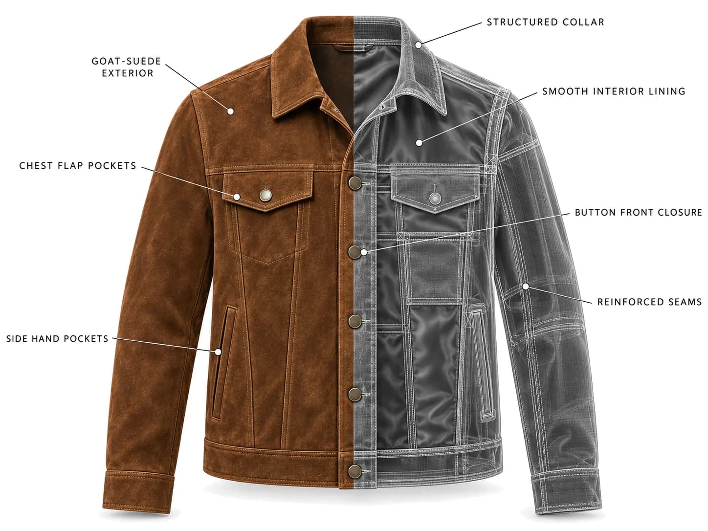 Suede jacket shown half in goat suede and half as a technical cutaway, with its details labelled