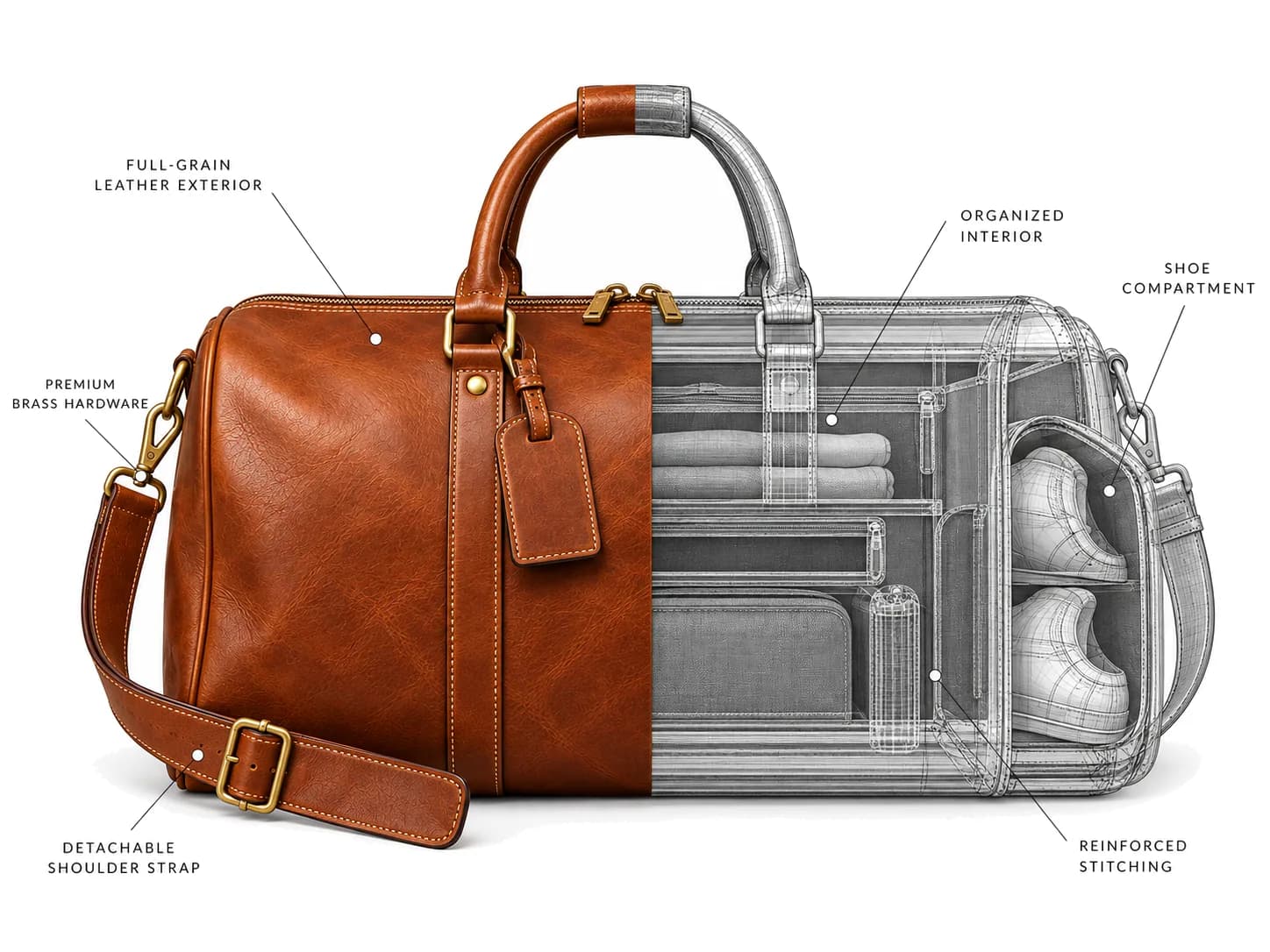 Weekender bag shown half in full-grain leather and half as a technical cutaway, with its details labelled