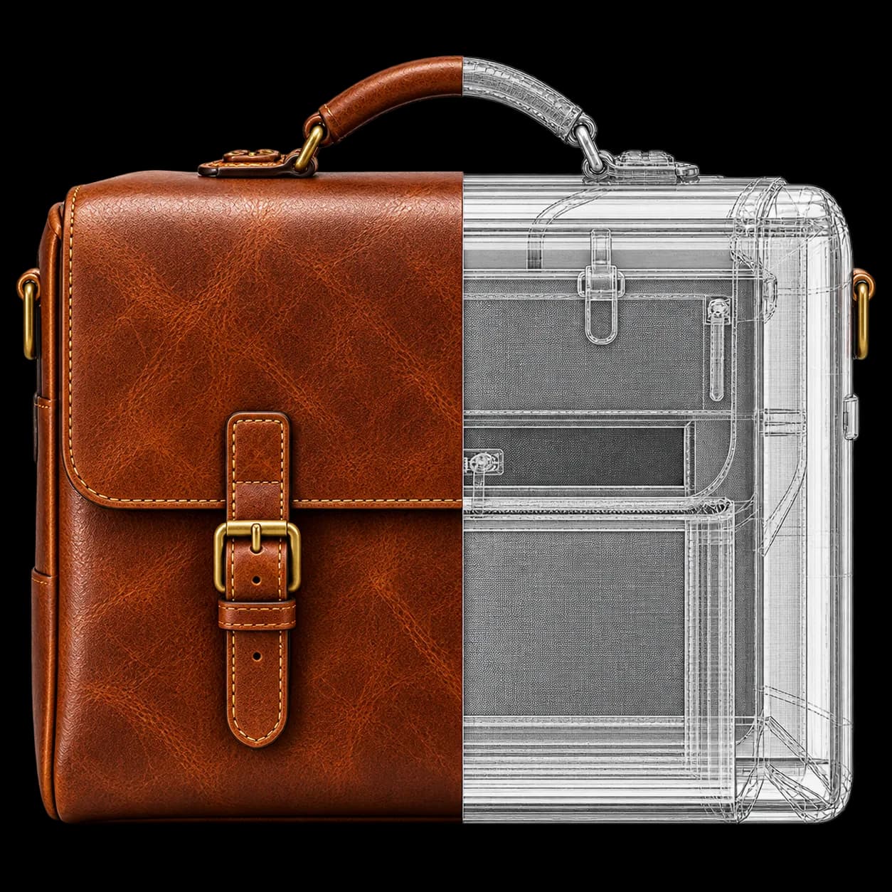 Briefcase shown half in full-grain leather and half as a technical cutaway