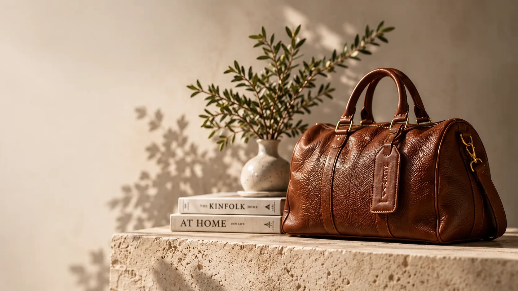 A tan leather holdall on a stone ledge beside a stack of books and an olive branch
