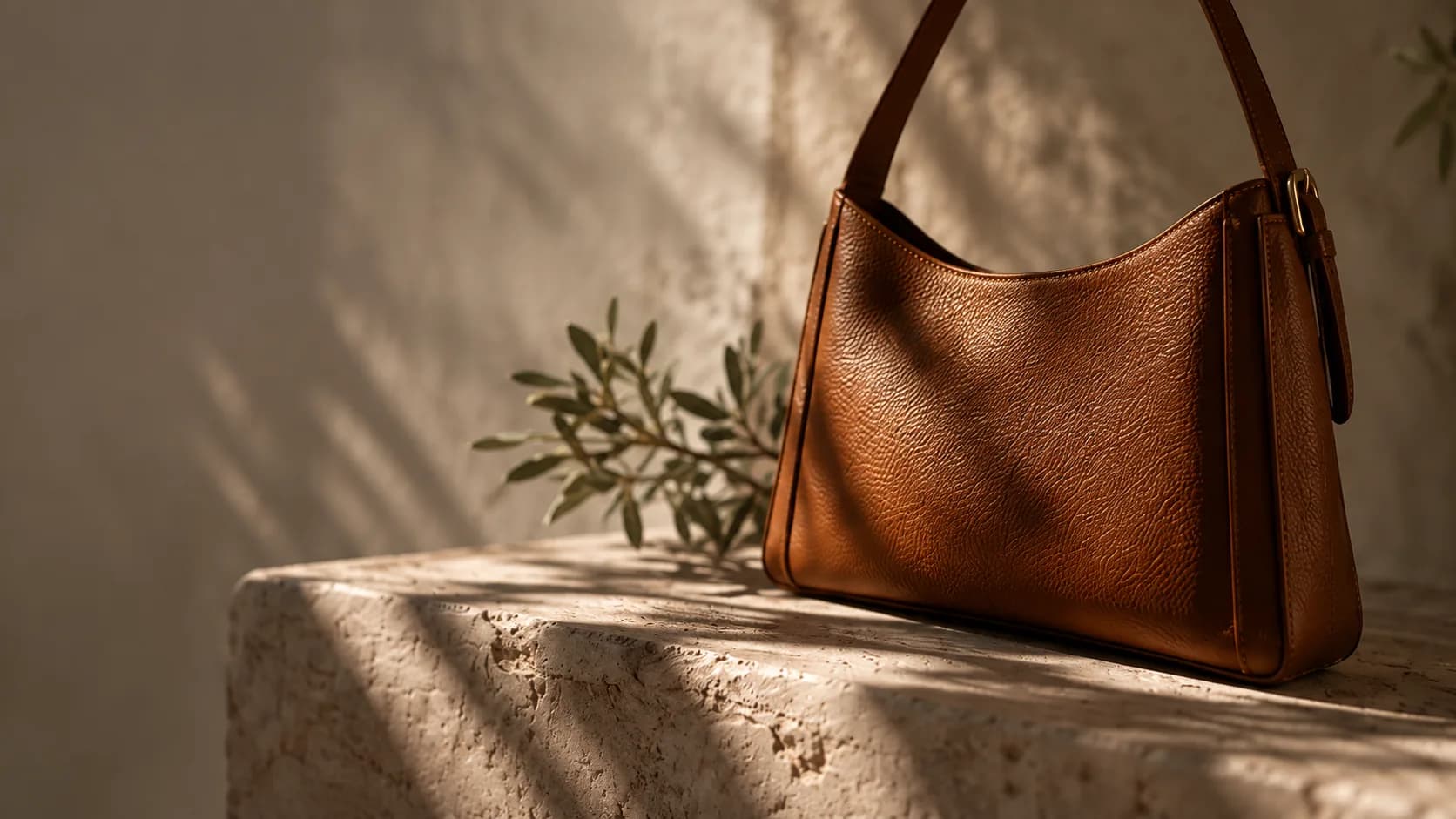 A tan leather shoulder bag on a stone ledge, crossed by long shadows